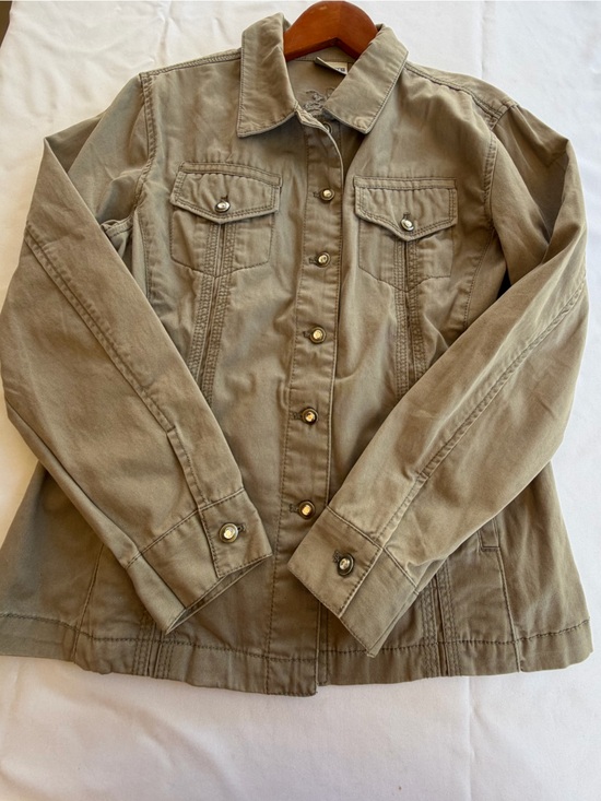 Chico's Other - Chicos Size 1 Button Up Embellished Rhinestone Embroidered Khaki Green Jacket